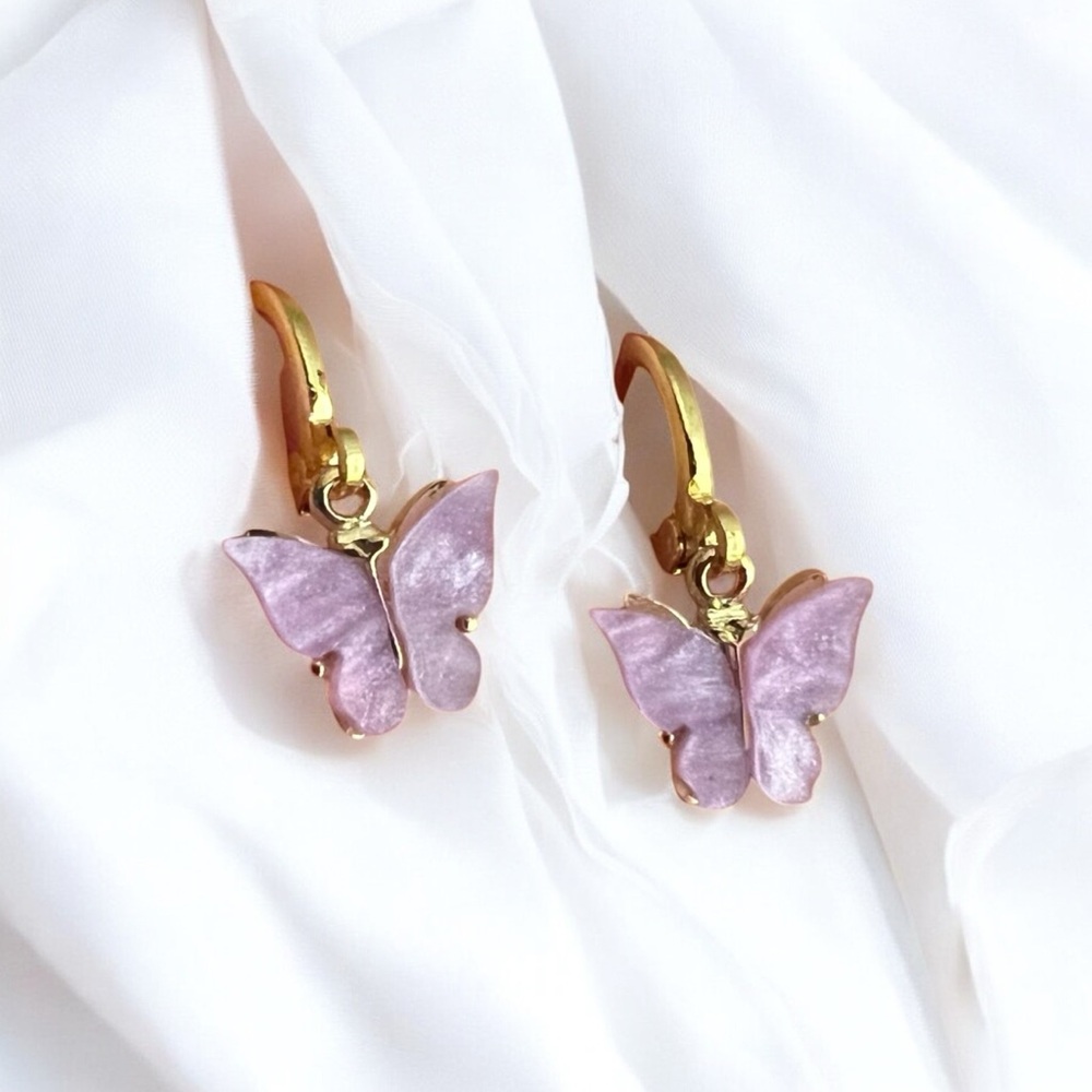 purple butterfly gold huggie hoop earrings